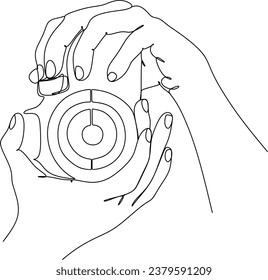  line drawing of a camera. Linear style and hand drawn photo camera.Vector illustration, outline