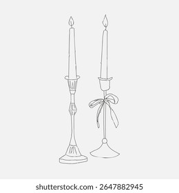 Line Drawing of Candle Hand Drawn Doodle Sketch Style. Two Candles Simple Linear Sketch Drawing. Minimal Hand Draw Illustration for Cafe, Party, Holiday, Invitation. Vector. Not AI