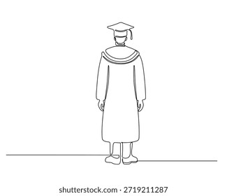 Die Linienzeichnung fängt die ruhige Würde eines Absolventen ein, der von hinten betrachtet wird und eine traditionelle Mütze und ein traditionelles Kleid trägt. Die Figur steht auf einer horizontalen Linie und symbolisiert sowohl die Erdung als auch den Übergang. Die detailreiche Halskrause und Quaste verleihen der Einfachheit kontinuierlicher Linienkunst einen subtilen Realismus, der an Themen wie akademische Leistung, persönliches Wachstum und die Vorfreude auf zukünftige Reisen erinnert. Ideal für den Einsatz in pädagogischen Inhalten, Graduierungsankündigungen, inspirierenden Postern oder redaktionellem Design, verbindet diese Illustration moderne Ästhetik mit zeitloser Symbolik. Die nach hinten gerichtete Pose lädt zum Nachdenken über den eingeschlagenen Weg und den vor uns liegenden Weg ein und eignet sich somit perfekt für Storytelling und Motivationsvisuelles. Der saubere, monochrome Stil sorgt für Vielseitigkeit über digitale und Print-Plattformen hinweg, von Social Media bis hin zu Merchandise. Ob es um die Feier eines Meilensteins oder um die Inspiration zukünftiger Wissenschaftler geht, dieses Bild bietet eine raffinierte und sinnvolle Darstellung des Erfolgs.