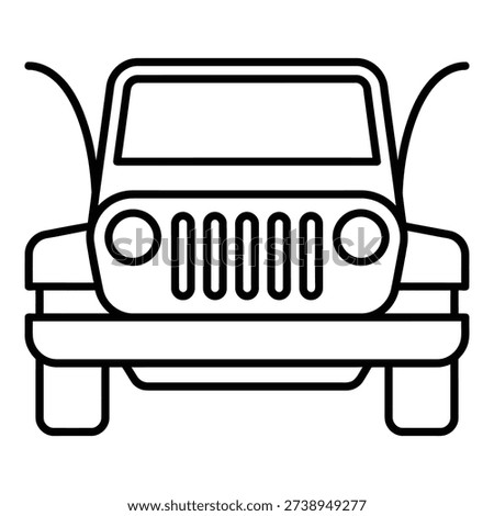 A line drawing of a car with its hood up viewed from the front