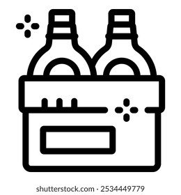 Line drawing of a cardboard box containing two glass bottles, likely for delivery or storage