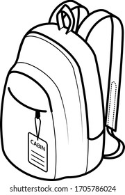 Line drawing of a carry-on backpack with a baggage tag.