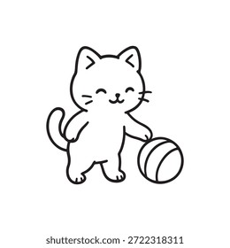 Dibujo de línea de gato de dibujos animados de pie con bola y expresión sonriente sobre fondo blanco