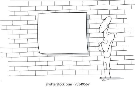 Line Drawing Of A Cartoon Character Looking At A Blank Sign On A Brick Wall.