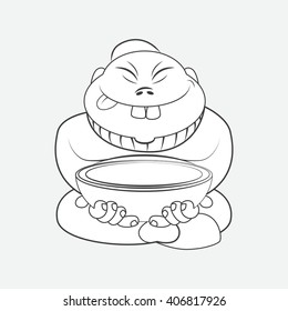 line drawing cartoon Chinese man sitting with a plate. Cartoon character.