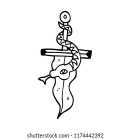 line drawing cartoon dagger and snake tattoo