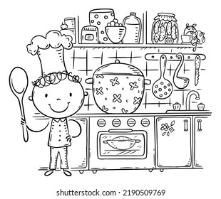 Line Drawing Of A Cartoon Kid As Chief Cooking In The Kitchen