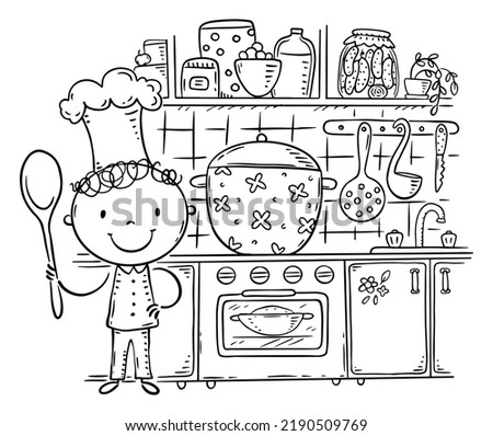 Line drawing of a cartoon kid as chief cooking in the kitchen