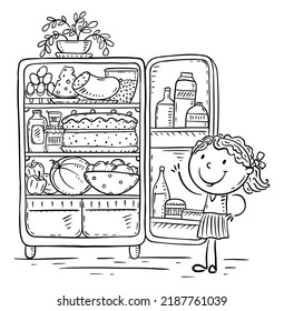 Line Drawing Of A Cartoon Kid And Fridge With Food, Healthy Eating Or Cooking Concept, Drawing, Outline Clipart