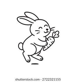 Línea de dibujo de conejo de dibujos animados saltando con zanahoria sobre fondo blanco
