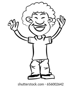 Line drawing a cartoon of smiling afro boy, and-drawn teen make hands up in black and white, Vector illustration. 