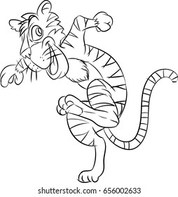  Line drawing cartoon a tiger take running in black and white color - Vector illustration