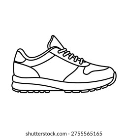 Line drawing of a casual athletic running shoe with thick sole and laces.