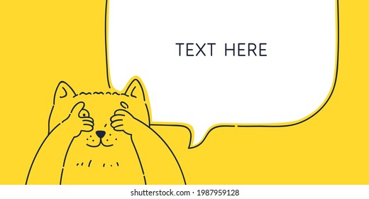 A line drawing of a cat in a cartoon style. A pet in the background. A frame for placing information. A template for your design. Vector illustration. Kitten playing hide and seek.