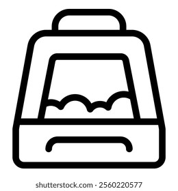 Line drawing of a cat litter box with a handle, representing pet care and hygiene products