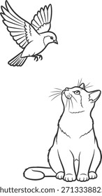 Line drawing of a cat looking up at a bird in flight isolated on a transparent background