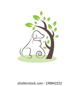 Line drawing cats and dogs under the tree