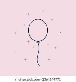 Line drawing of celebration balloon with confetties. Isolated object on a light pink background. Simple flat design. Vector drawing.