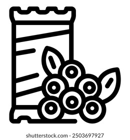 Line drawing of a cereal bar packaging with some blueberries and leaves