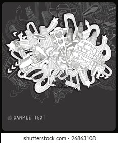 line drawing chaotic city - vector -black and white background