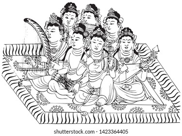 Line drawing character playing instrument