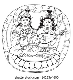 Line drawing character playing instrument