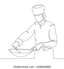 Ðiscontinuous line drawing of chef cooking gourmet meal , prepping food