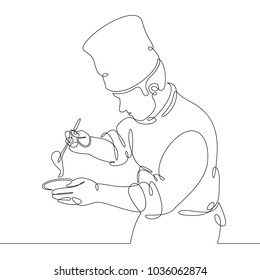 Ðiscontinuous line drawing of chef cooking gourmet meal , prepping food