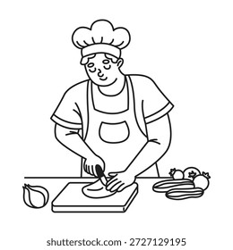 Strichzeichnung eines Küchenchefs, der Gemüse schneidet. Ruhiger Ausdruck. Am Tresen in Uniform stehend. Einfaches Schwarz-Weiß-Design. Ideal für kulinarische Inhalte und Bildung.