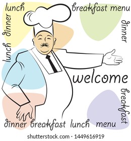 line drawing: the chef invites you to dinner. vector illustration. EPS 10.