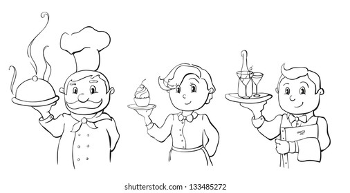 line drawing of the chef, waiter and waitress