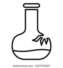 Line drawing of a chemical flask containing liquid that is cracked and broken, isolated on a white background