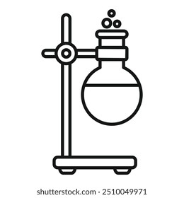 Line drawing of a chemical reaction experiment boiling over in a round bottom flask on a tripod with bubbles