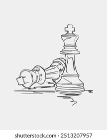 Line drawing of a chess king standing while a fallen king lies on its side, symbolizing victory and strategy.