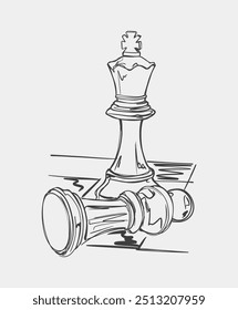 Dibujo de línea de un rey de ajedrez de pie mientras un rey caído se encuentra de lado, simbolizando la victoria y la estrategia.