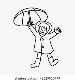 Line drawing of a child with an umbrella, wearing a raincoat and boots. The child is smiling and waving, dressed for rainy weather. Simple and playful illustration. Person illustration vector.