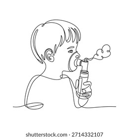 Dibujo de línea de un niño usando un inhalador para el alivio respiratorio