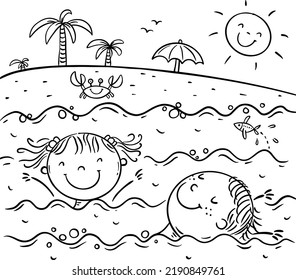 Line drawing of children characters on summer vacation on the beach. Girl and boy swimming in the sea