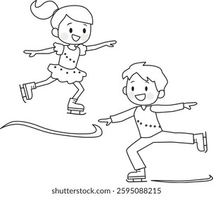 Line drawing of children figure skating. Ice skating.  Cute, fun. Vector illustration.