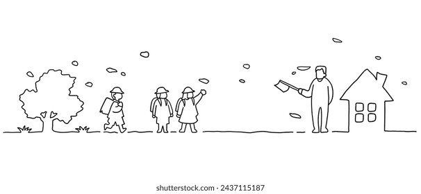 Line drawing of children going to school landscape