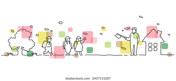 Line drawing of children going to school landscape