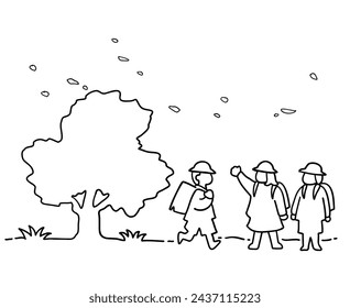 Line drawing of children going to school landscape