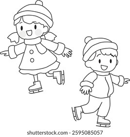 Line drawing of children ice skating. Figure skating.  Cute, fun. Vector illustration.