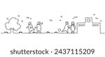 Line drawing of children playing soccer