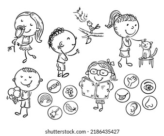 Line drawing of children showing five senses: smell, hear, sight, taste, touch