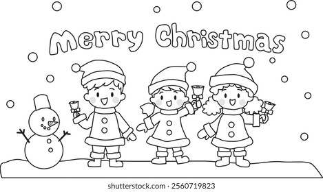 タイトル : Line drawing of children wearing Santa costume. snowman. snowing. Merry Christmas text. Vector Illustration.

