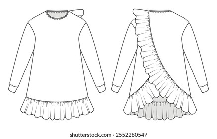 Line drawing of a child's long-sleeve dress with a ruffled back panel and bow tie at the neck. Shows front and back views.