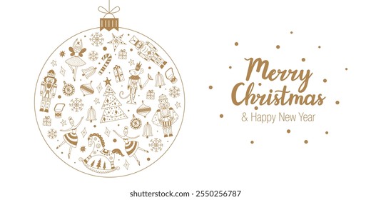 Line drawing of Christmas ball. Christmas card. Vector illustration. Nutcracker. Cute Christmas interior poster. 