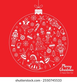 Line drawing of Christmas ball. Red Christmas card. Vector illustration. Nutcracker. Cute Christmas vector poster. 