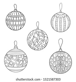 Line drawing of Christmas balls  with small different decor on white isolated background. Good  for coloring book, postcards, poster, icon.